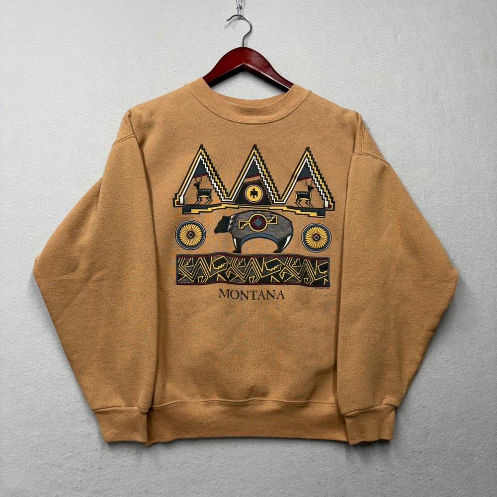 E.M.I. Sweatshirt Mens Medium Tan Montana Vintage 90s Bear Graphic Made in USA